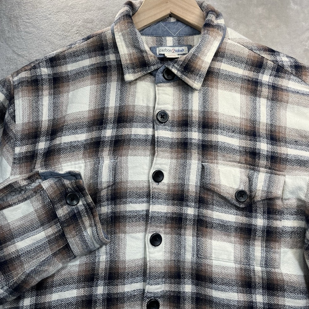 Carbon2Cobalt Shirt Jacket Mens Medium Multi Plaid Sherpa Lined Cotton